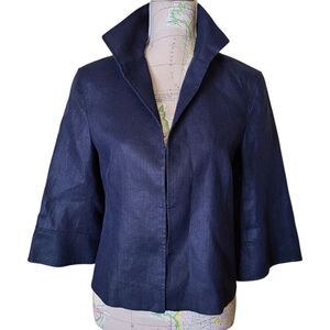 Lafayette 148 Size 8 Navy Blue Linen Collared Blazer Jacket Wide Sleeve Timeless